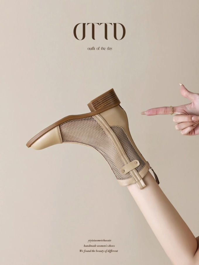 粗跟 高跟 系带 低筒 网面 拉链 