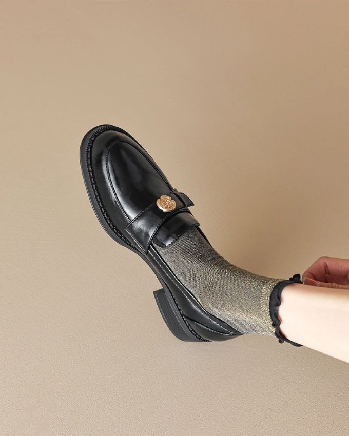 粗跟 低跟 圆头 低帮 一脚蹬 深口鞋 皮革 