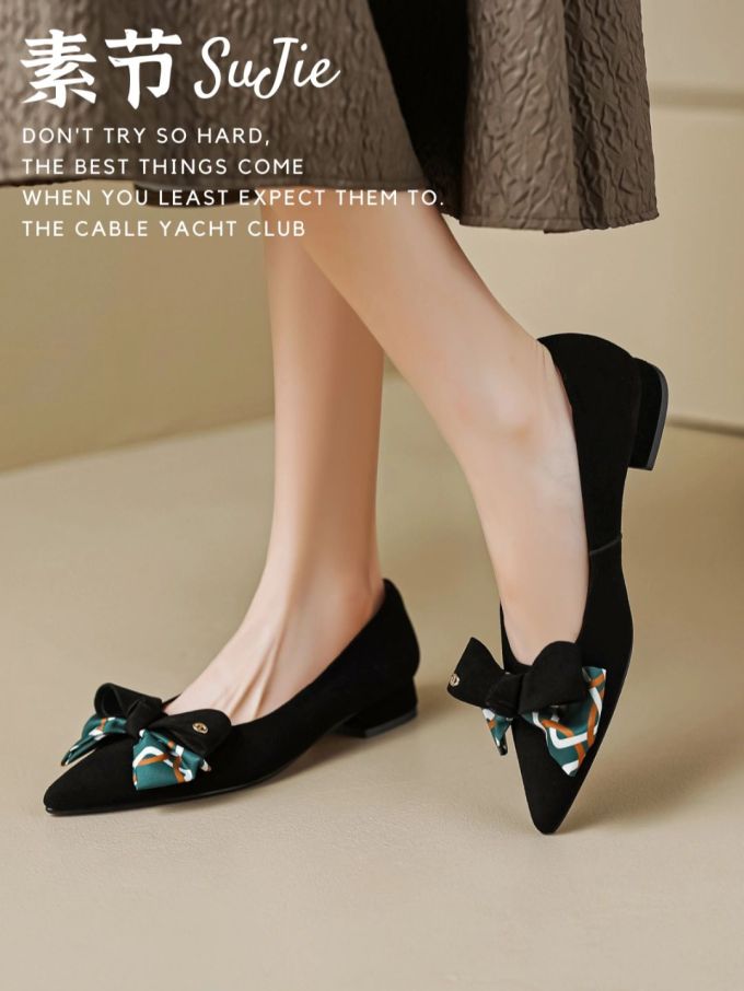 粗跟 低跟 尖头 低帮 一脚蹬 浅口鞋 皮革 