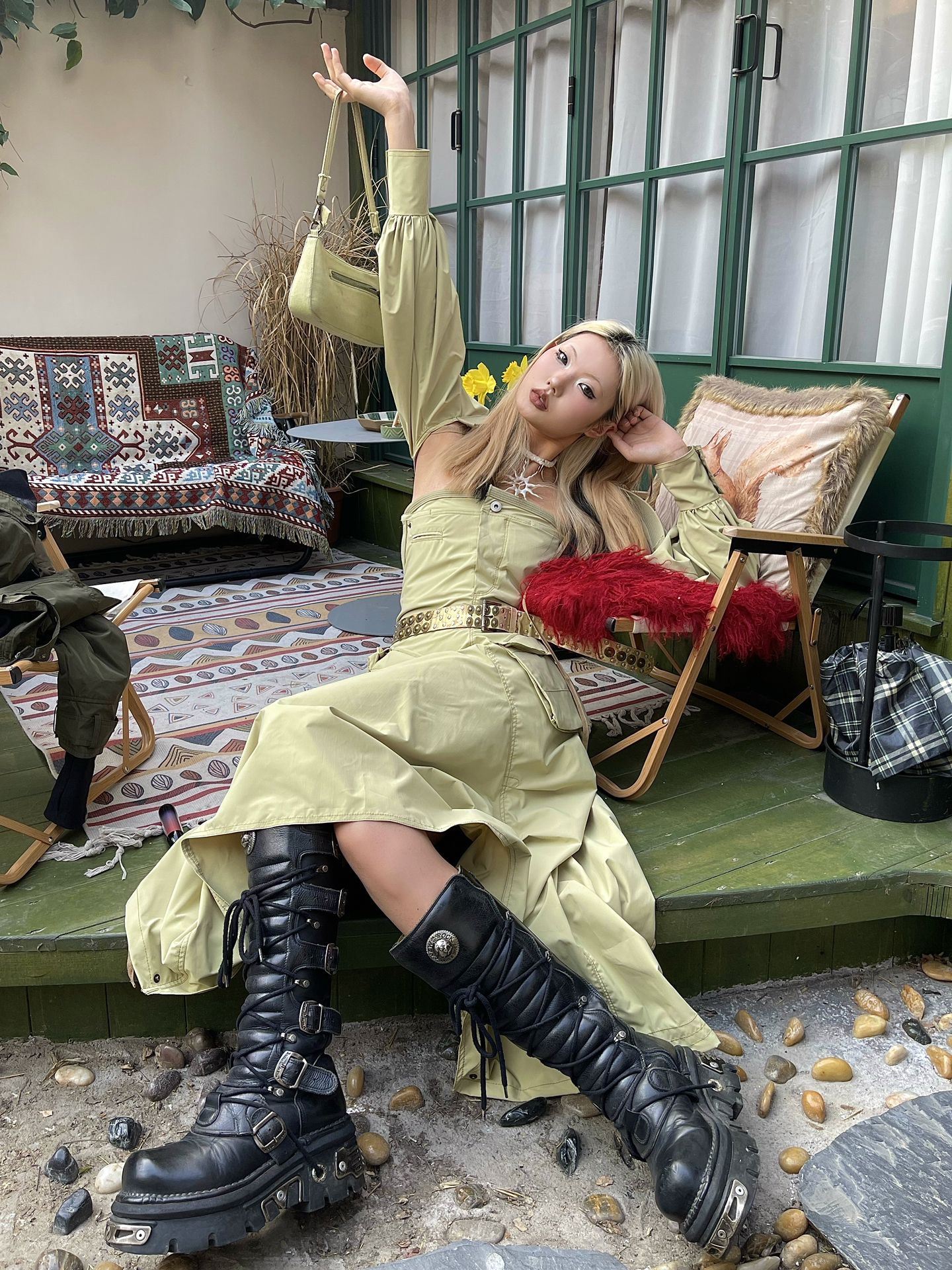 棉麻 抽褶 橄榄灰色 浅橄榄绿色 基础扣饰  - VALI鞋履AI设计主图