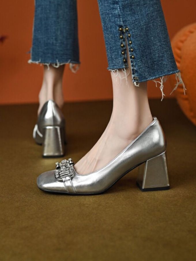 粗跟 中跟 方头 低帮 一脚蹬 浅口鞋 皮革 