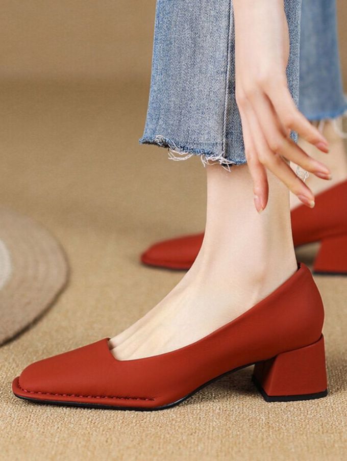 粗跟 中跟 方头 低帮 一脚蹬 中口鞋 皮革 