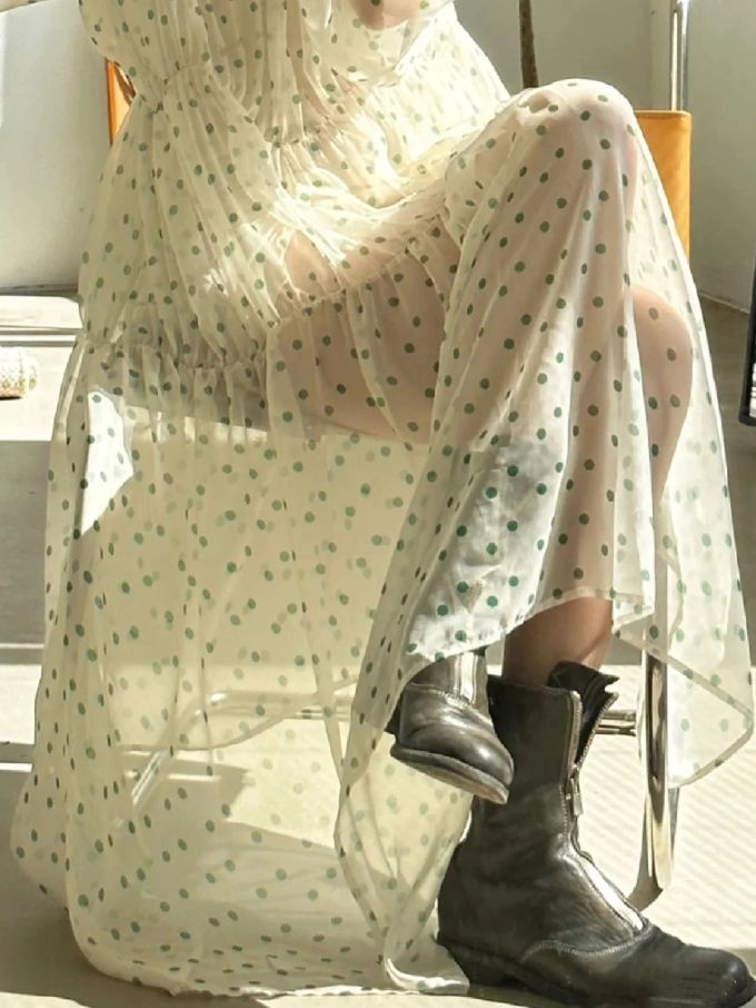 雪纺 A型 波点 印花 浅橄榄绿色 橄榄灰色 复古 