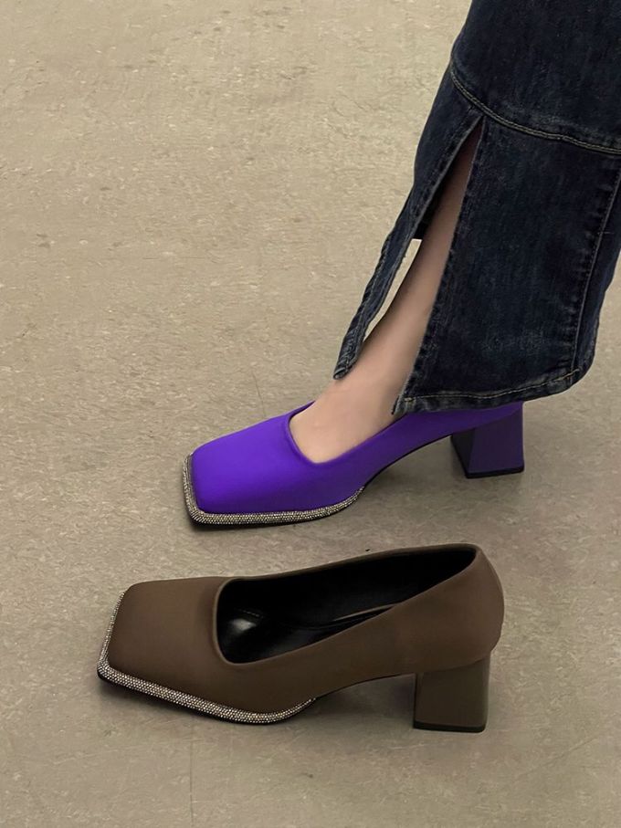 粗跟 中跟 方头 低帮 一脚蹬 浅口鞋 皮革 