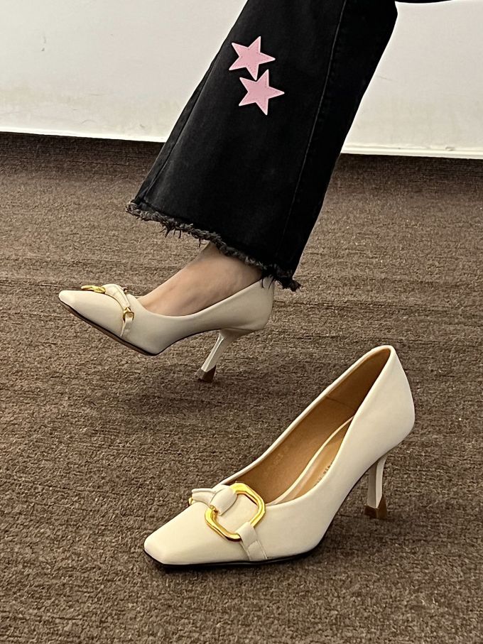 细跟 中跟 方头 低帮 一脚蹬 浅口鞋 皮革 