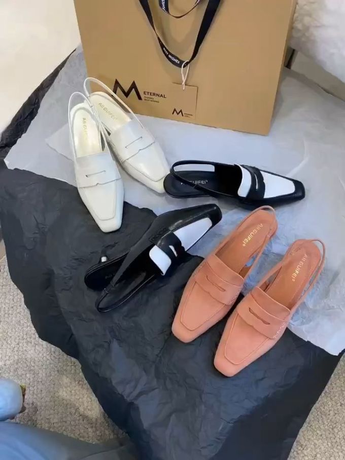 高跟 方头 一脚蹬 皮革 