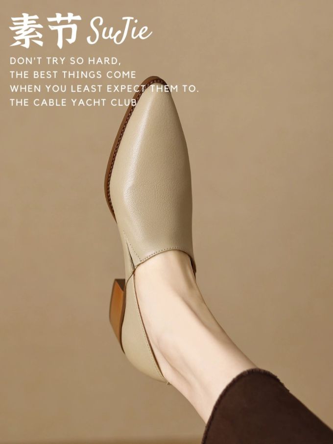 粗跟 低跟 尖头 低帮 一脚蹬 深口鞋 皮革 