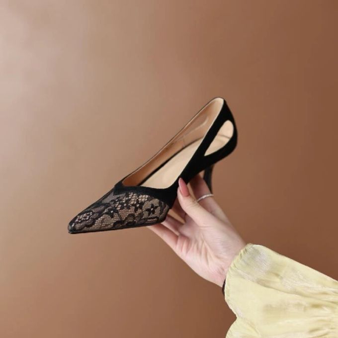 细跟 中跟 尖头 低帮 一脚蹬 浅口鞋 蕾丝 