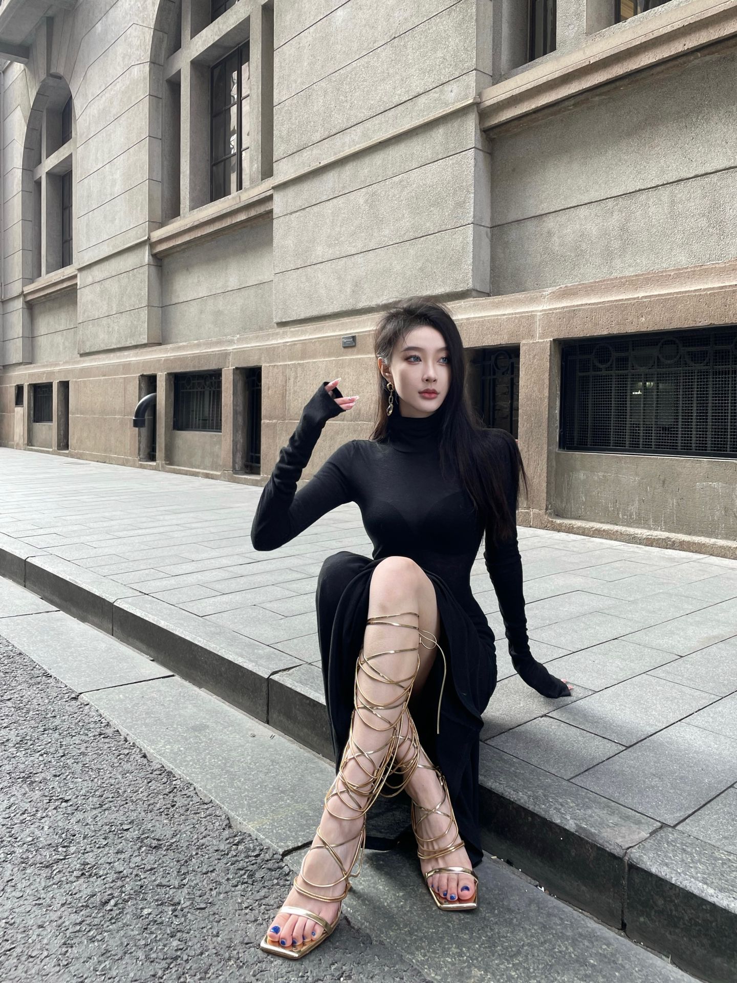 针织面料 立领 夜蓝色 性感  - VALI鞋履AI设计主图