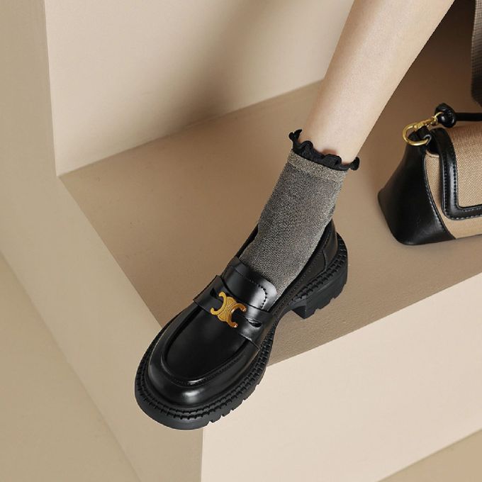 粗跟 低跟 圆头 低帮 一脚蹬 深口鞋 皮革 