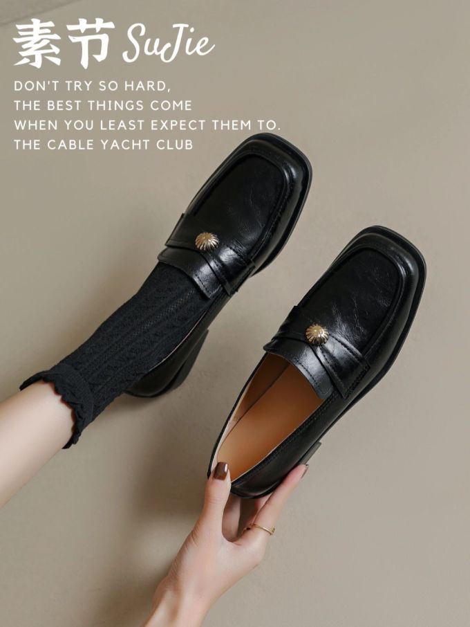 方头 一脚蹬 深口鞋 皮革 