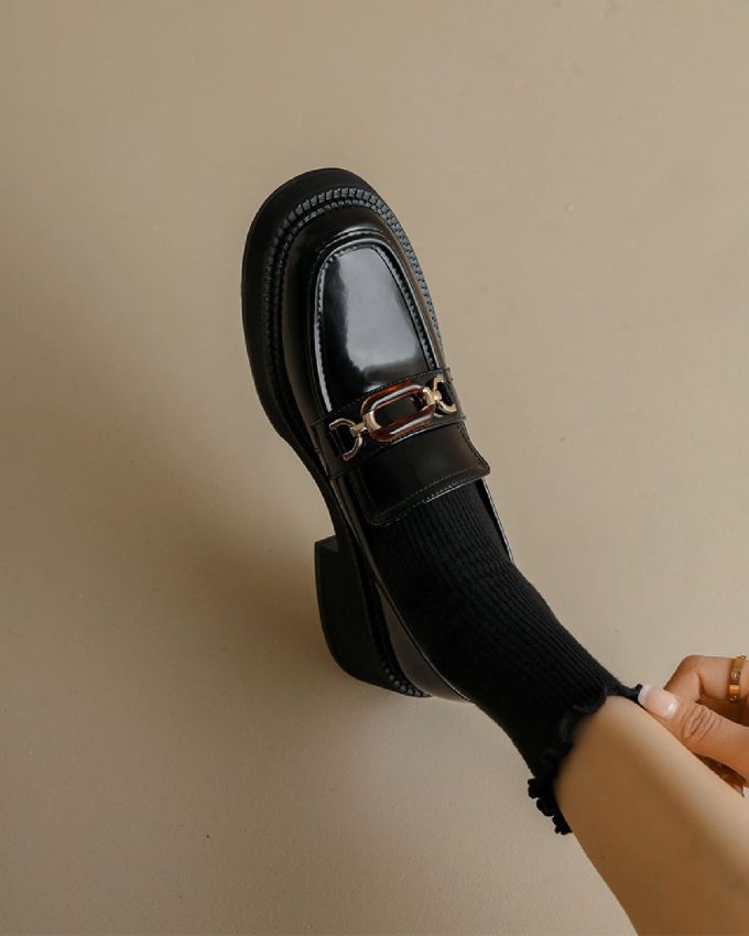 粗跟 中跟 圆头 低帮 一脚蹬 深口鞋 皮革 