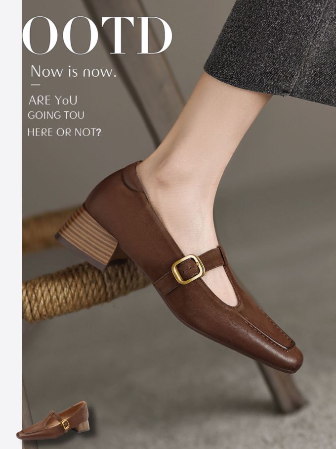 粗跟 中跟 低帮 袢扣 中口鞋 皮革 