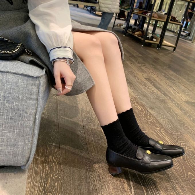 粗跟 中跟 方头 低帮 一脚蹬 深口鞋 针织 