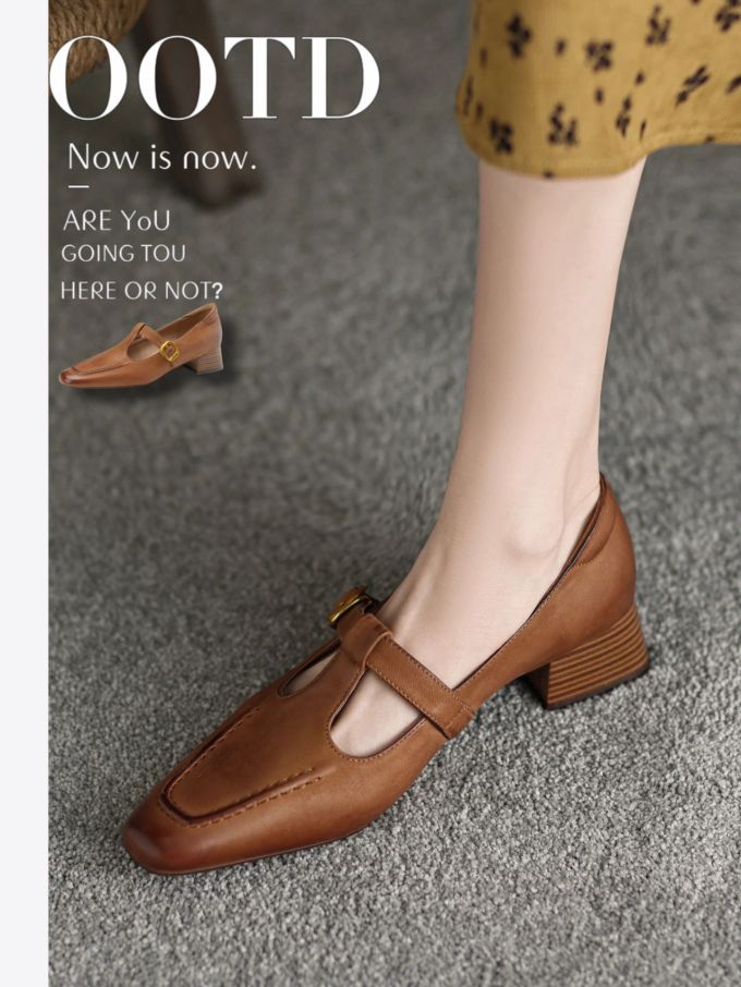 粗跟 低跟 方头 低帮 袢扣 中口鞋 皮革 