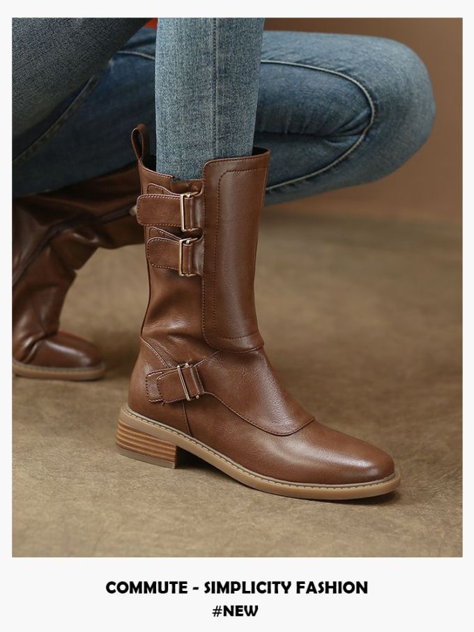 粗跟 低跟 圆头 拉链 低筒 皮革 