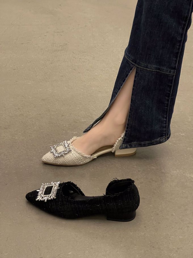 粗跟 低跟 尖头 低帮 一脚蹬 浅口鞋 