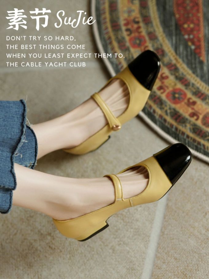 粗跟 中跟 方头 低帮 浅口鞋 皮革 