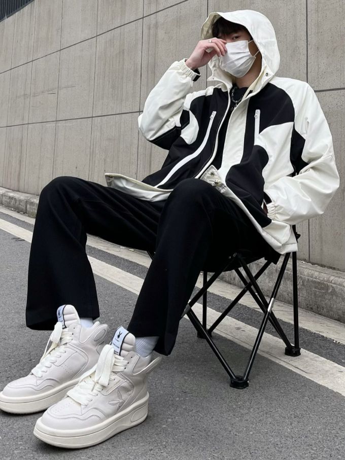 防护功能 H型 连帽领 撞色/渐变 拼接 蓝黑色 淡蓝色 基础扣饰 户外 