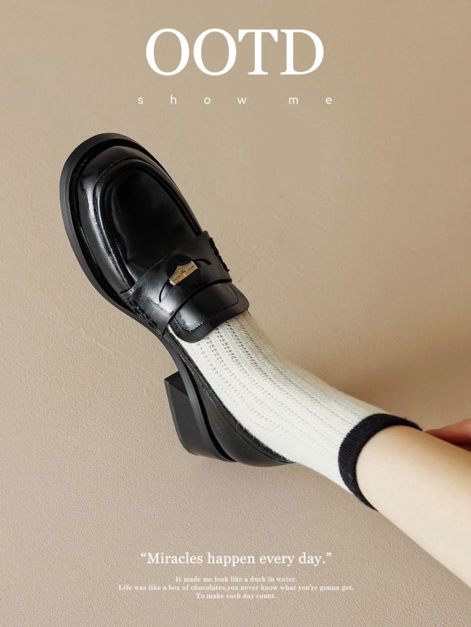 粗跟 低跟 圆头 低帮 一脚蹬 深口鞋 皮革 