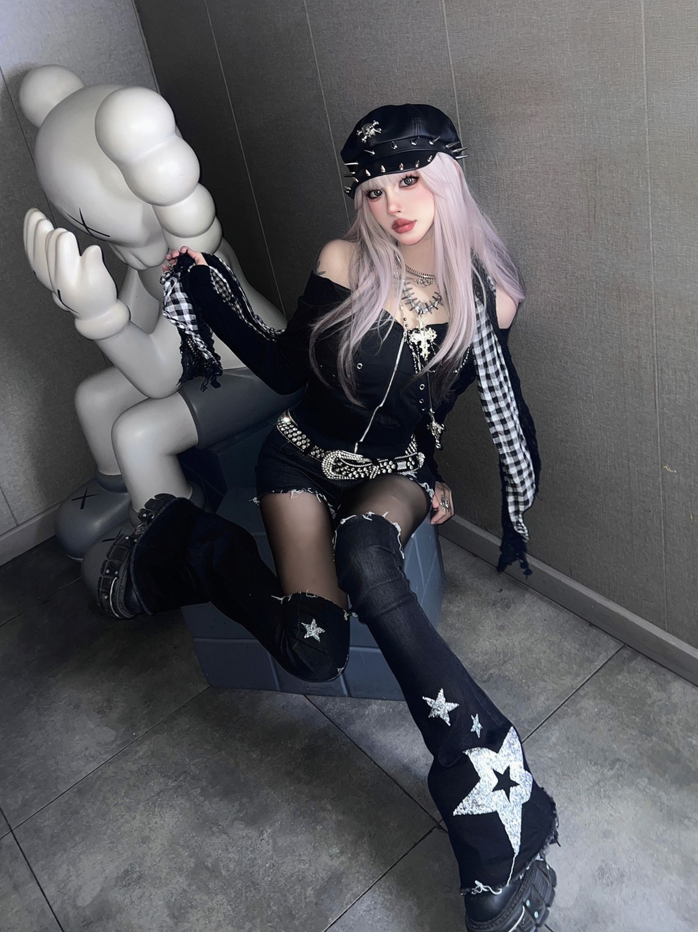 S型 格纹/菱格 拼接 夜蓝色 ABG辣妹 哥特风 性感 辣妹  - VALI鞋履AI设计主图