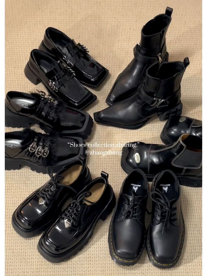 粗跟 中跟 方头 袢扣 低筒 皮革 