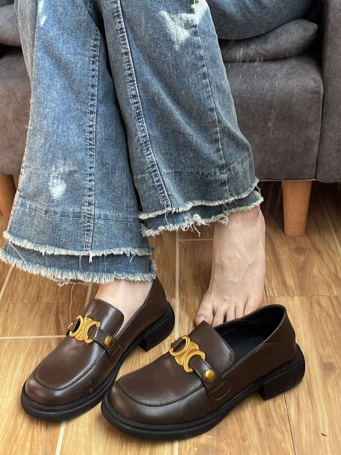 粗跟 低跟 圆头 低帮 一脚蹬 深口鞋 皮革 