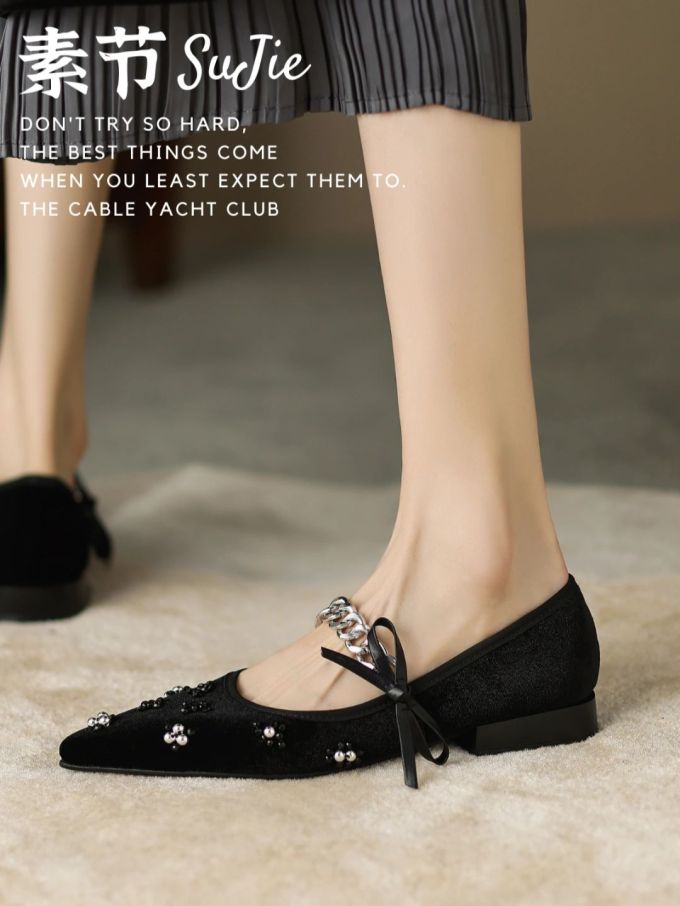 粗跟 低跟 尖头 低帮 一脚蹬 浅口鞋 