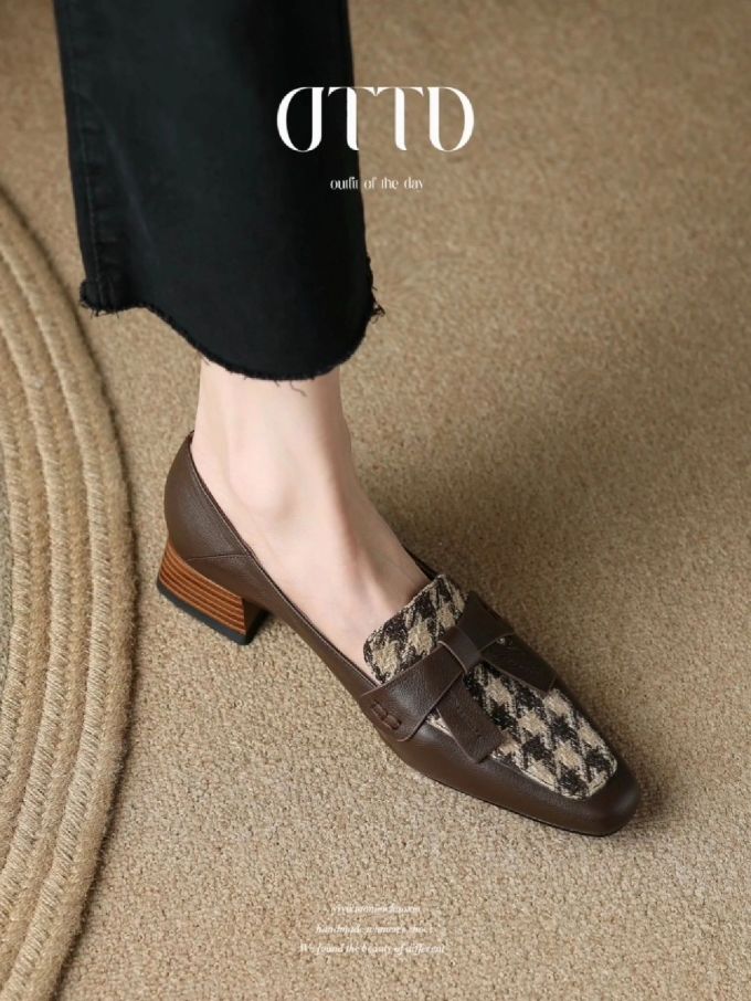 粗跟 低跟 方头 低帮 一脚蹬 中口鞋 皮革 