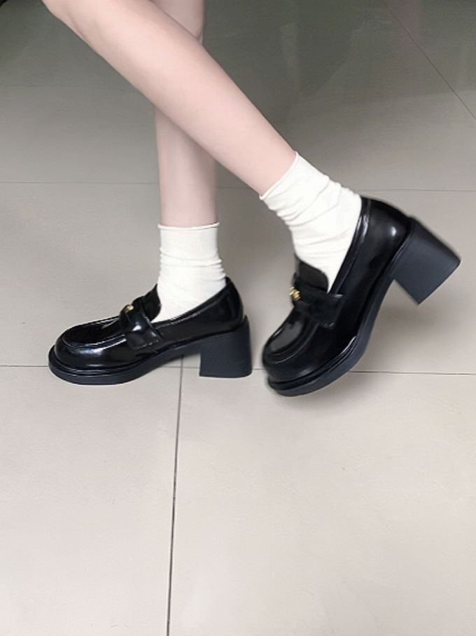 粗跟 中跟 圆头 低帮 一脚蹬 深口鞋 皮革 