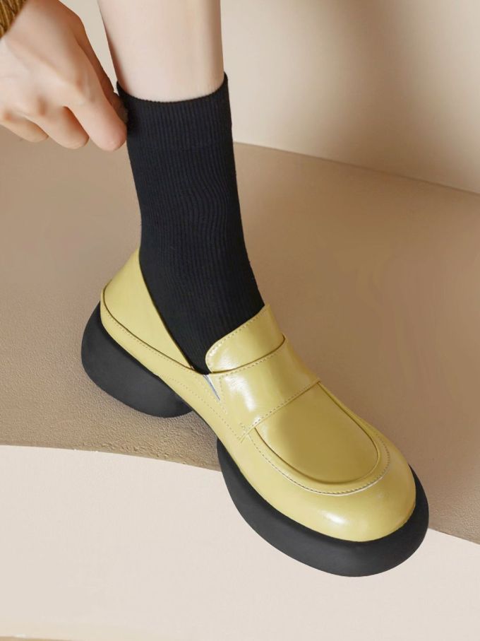 粗跟 低跟 圆头 低帮 一脚蹬 深口鞋 皮革 