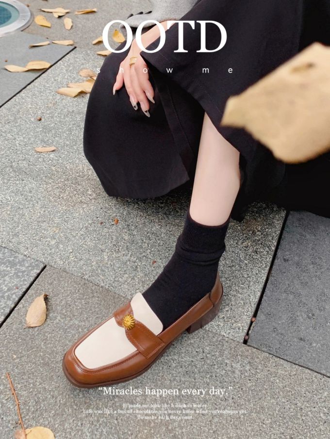 平底 方头 低帮 一脚蹬 深口鞋 皮革 