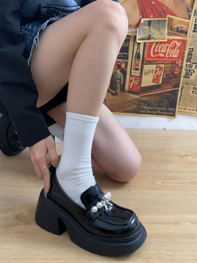 粗跟 中跟 圆头 低帮 一脚蹬 深口鞋 皮革 