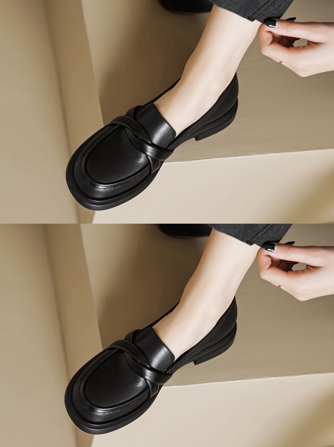 粗跟 低跟 圆头 低帮 一脚蹬 深口鞋 皮革  - VALI鞋履AI设计主图