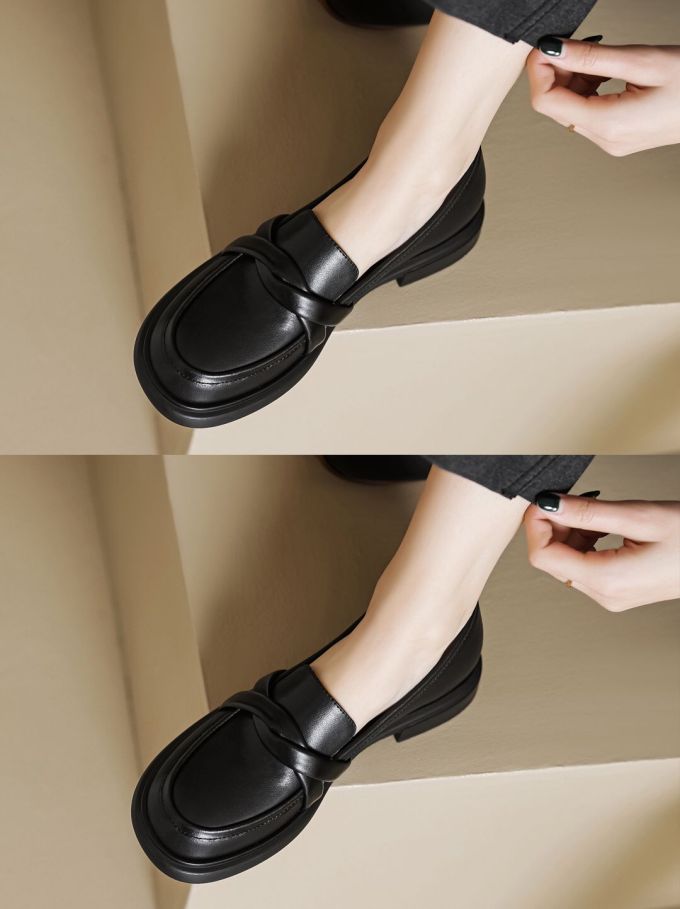 粗跟 低跟 圆头 低帮 一脚蹬 深口鞋 皮革 