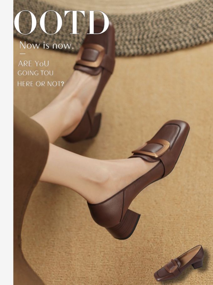 粗跟 中跟 方头 低帮 浅口鞋 皮革 