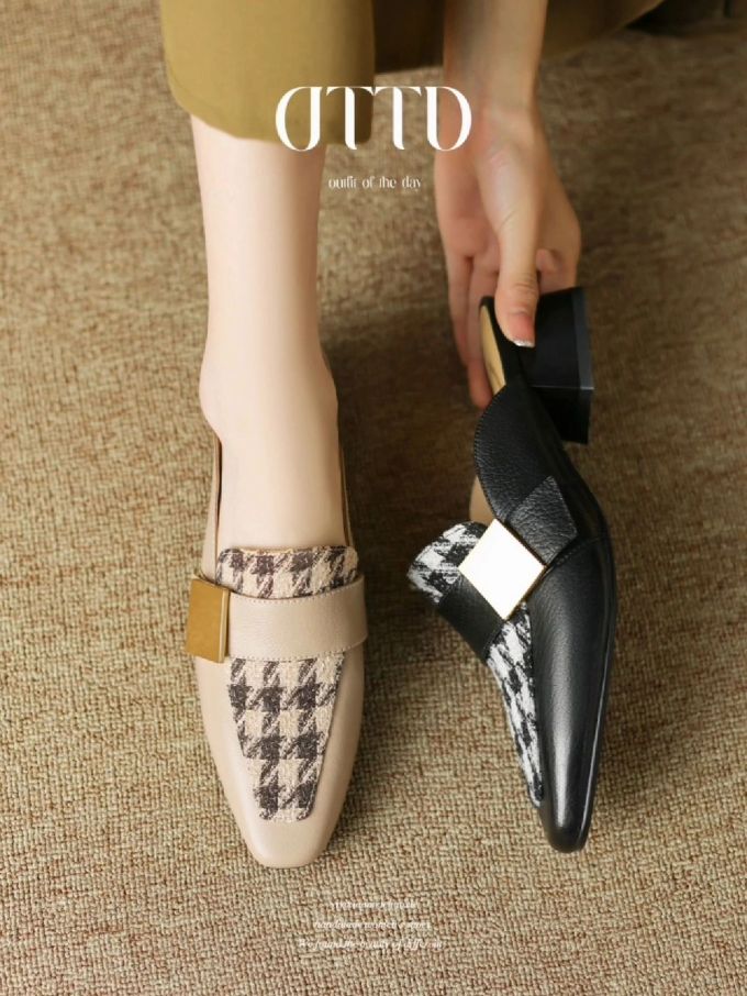 中跟 一脚蹬 皮革 