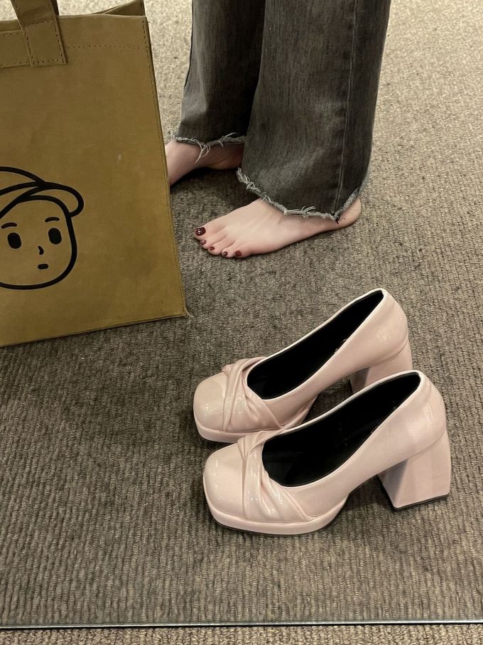 粗跟 中跟 方头 低帮 一脚蹬 中口鞋 皮革 