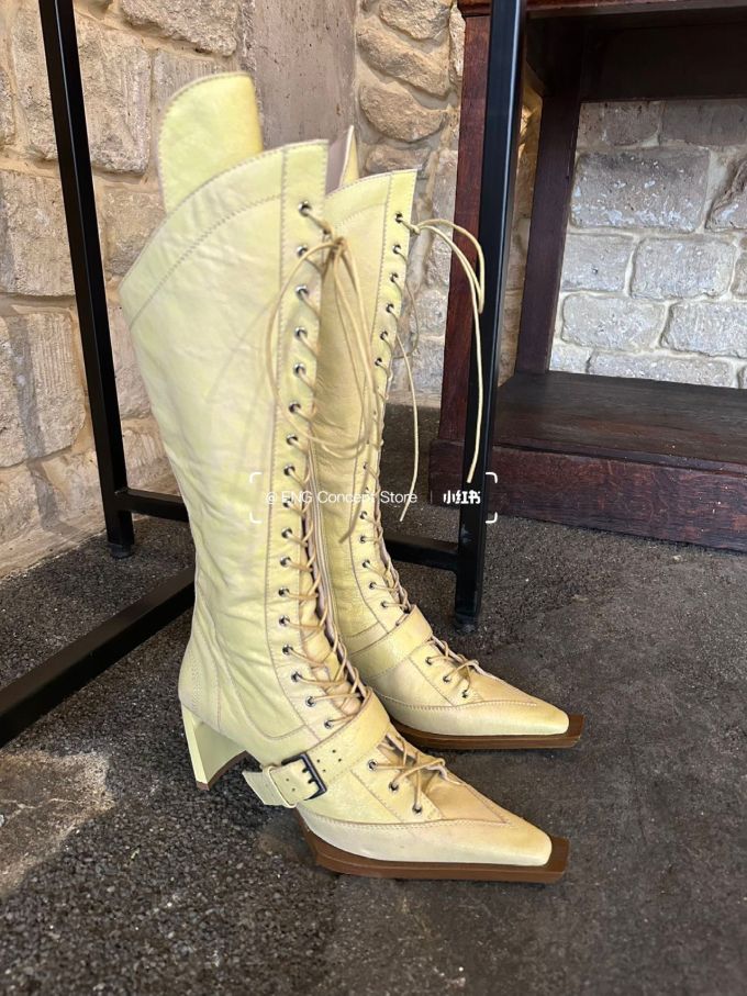 粗跟 中跟 尖头 系带 中筒 皮革 