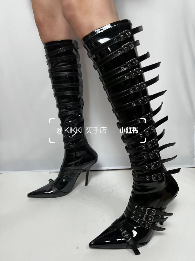 粗跟 低跟 尖头 拉链 中筒 皮革 