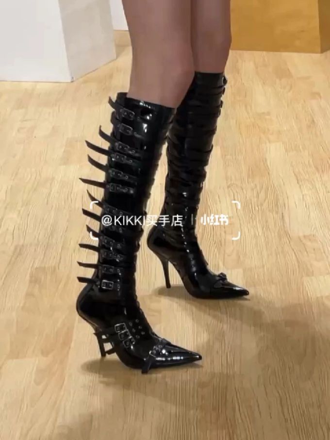 细跟 高跟 尖头 高筒 皮革 