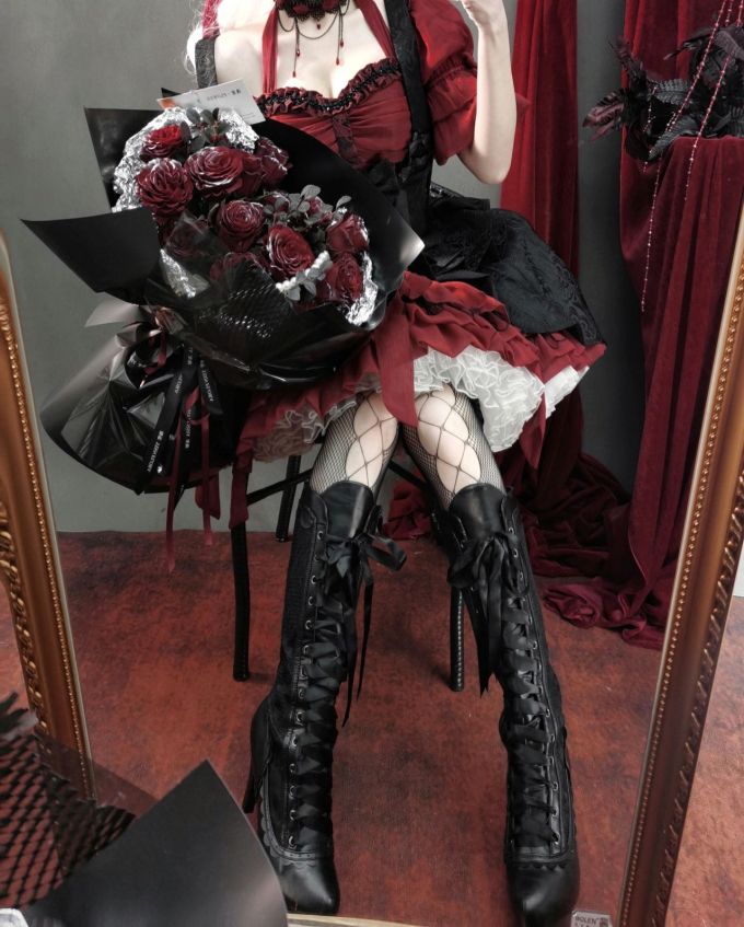 特殊面料 A型 V领 植物/花卉 层叠 手工装饰 踢踏舞鞋色 葡萄酒红色 宫廷 