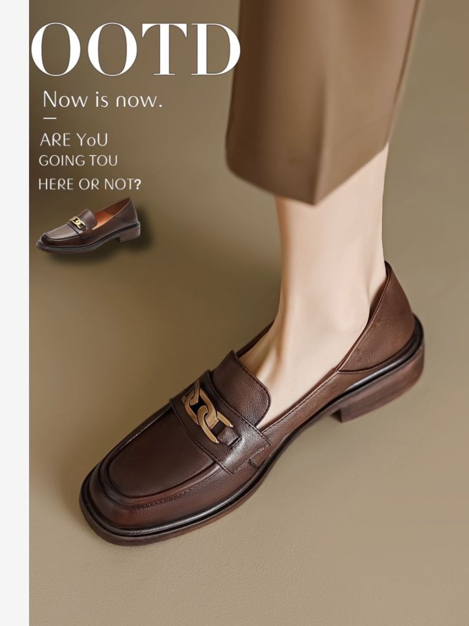 粗跟 低跟 圆头 低帮 一脚蹬 深口鞋 皮革 