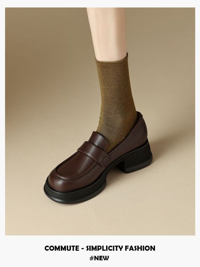 粗跟 中跟 圆头 低帮 一脚蹬 深口鞋 皮革 