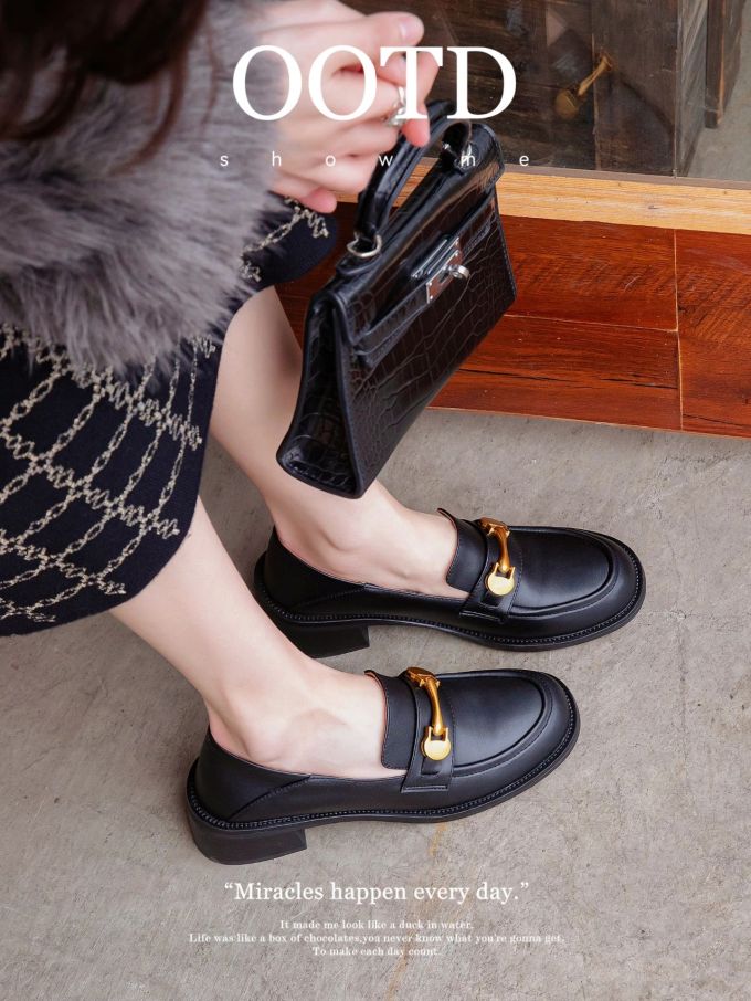 粗跟 低跟 圆头 低帮 一脚蹬 深口鞋 皮革 