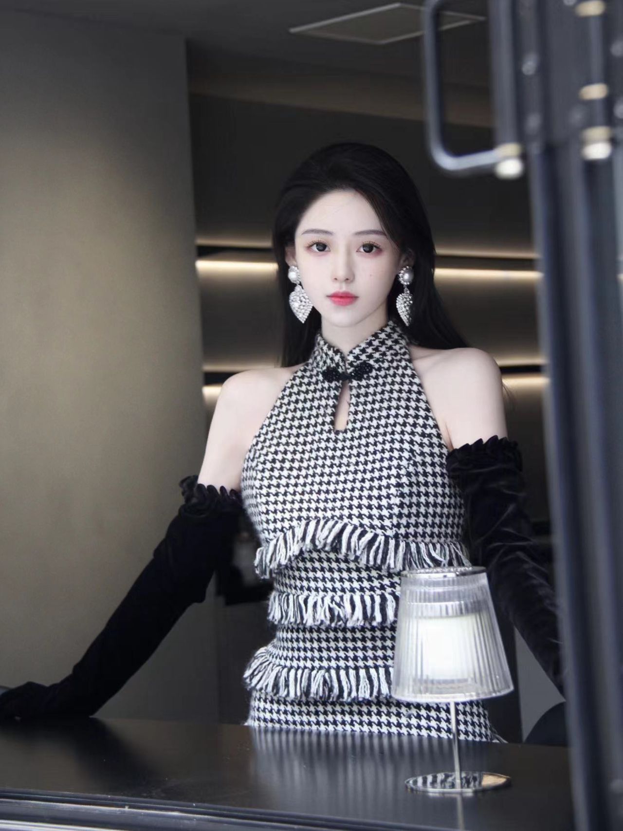 呢绒 挂脖领 格纹/菱格 海军西装外套 黎明灰 灰丁香色 流苏 都市  - VALI鞋履AI设计主图