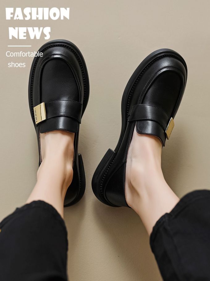 粗跟 低跟 圆头 低帮 一脚蹬 深口鞋 皮革 