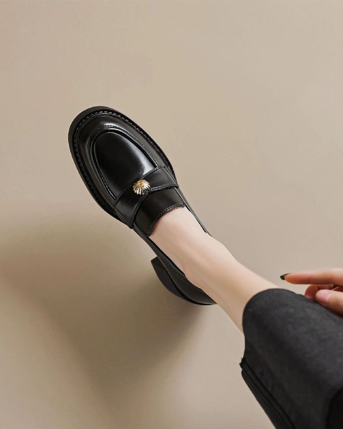 粗跟 低跟 圆头 低帮 一脚蹬 深口鞋 皮革 