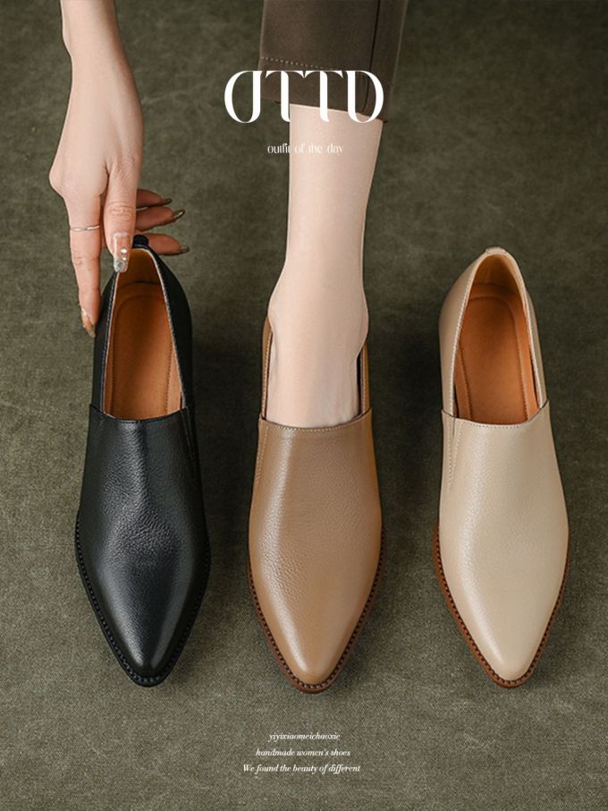 尖头 低帮 松紧带 深口鞋 皮革 