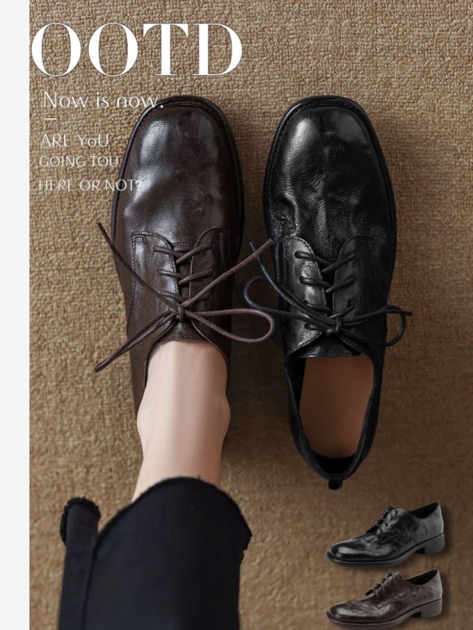 圆头 系带 深口鞋 皮革 